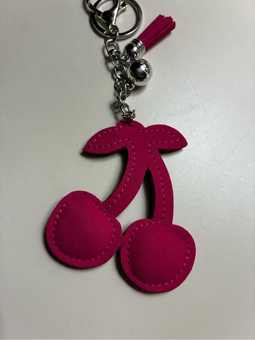 Cherry bag charm or key chain with bling and tassel & silver hardware